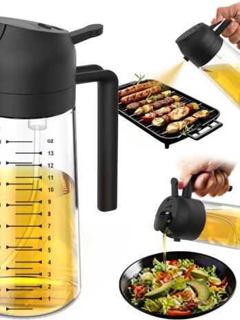 16oz/470ml glass olive oil sprayer for cooking – 2 in 1 olive oil dispenser bottle for kitchen gadgets and air fryer accessories, salad, bbq black