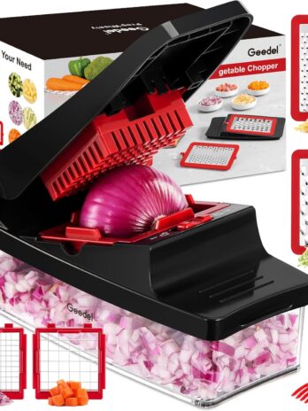 rms vegetable chopper – 4 in 1 onion chopper pro food chopper with container | kitchen vegetable slicer dicer cutter grater for salad, onion, potato, carrot (red)