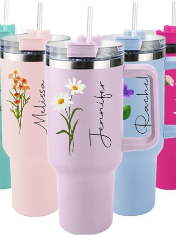 rms personalized 40 oz tumbler with handle and straw – custom stainless steel mug with photo and text – birthday gift for women