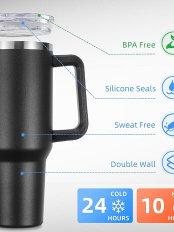 rms 40 oz vacuum insulated stainless steel tumbler with lid, straw, and handle – reusable travel coffee mug, black