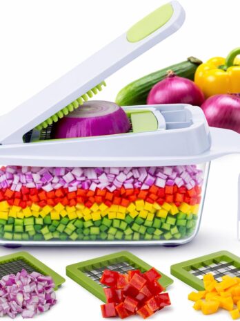 rms quickpush food chopper br qp 02 – heavy duty vegetable fruit dicer with 3 blades & lid – 200% larger container