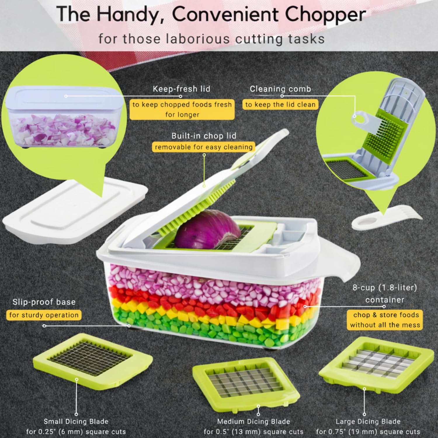 rms quickpush food chopper br qp 02 – heavy duty vegetable fruit dicer with 3 blades & lid – 200% larger container rms quickpush food chopper br qp 02 – heavy duty vegetable fruit dicer with 3 blades & lid – 200% larger container