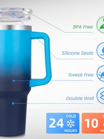 rms 40 oz tumbler with handle and straw, stainless steel tumbler with lid and straw, reusable vacuum insulated cup, travel coffee mug, blue gradient