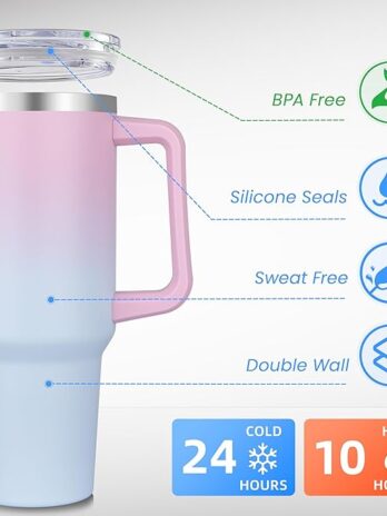 rms 40 oz tumbler with handle and straw, stainless steel tumbler with lid and straw, reusable vacuum insulated cup, travel coffee mug, dreamy pink blue, 1pack