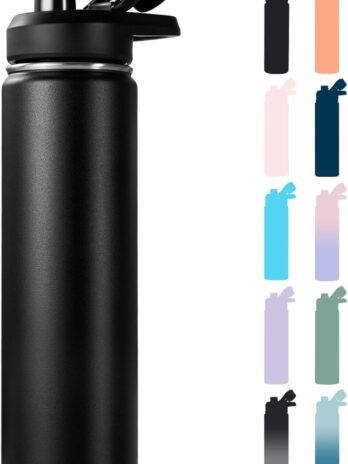 rms 6. 24 oz insulated water bottle with handle, 304 stainless steel vacuum water bottle, double wall, wide mouth, bpa free, keeps cold & hot – black sports water bottle