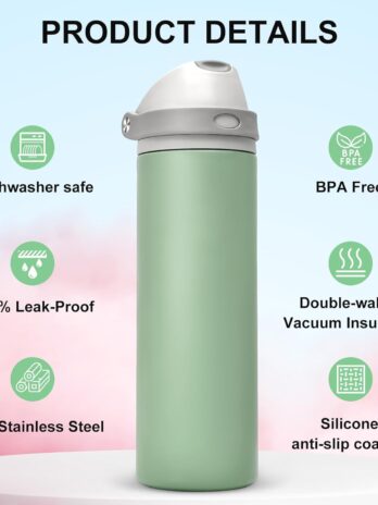 rms 24 oz insulated water bottle with straw – 2 in 1 lid, leak proof, keeps cold all day – green