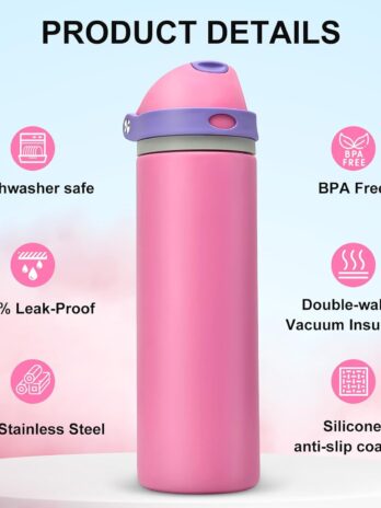 rms sip in style – 24 oz pink insulated water bottle with straw | 2 in 1 flip lid & straw | leak proof | keeps cold all day